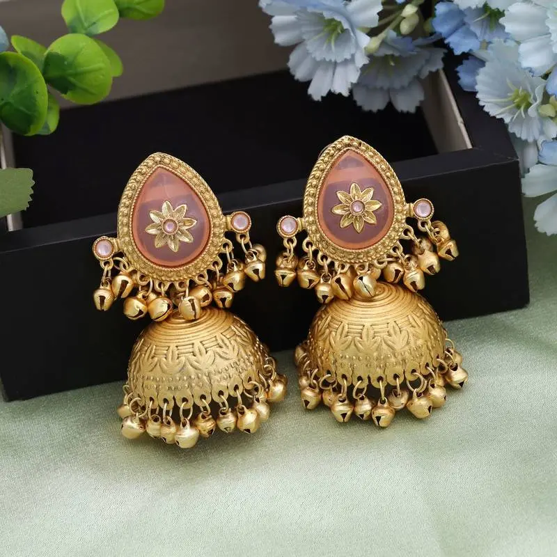 Blush Pink Stone Gold Plated Kashmiri jhumkas